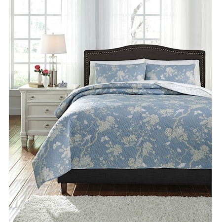 Queen Damita Blue/Beige Quilt Set