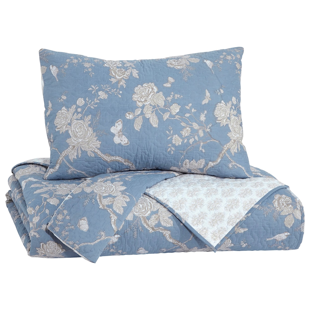 Signature Design by Ashley Furniture Bedding Sets Queen Damita Blue/Beige Quilt Set