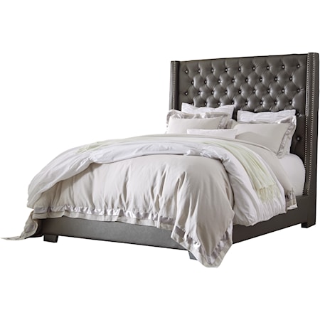 Queen Upholstered Bed with Tall Headboard with Faux Crystal Tufting