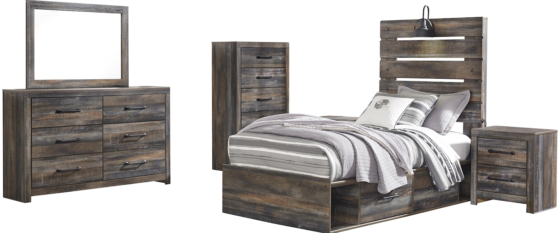 6 Piece Twin Panel Bed with 2 Storage Drawers, Nightstand and Chest