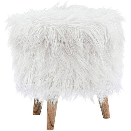 White Faux Fur Storage Ottoman with Tapered Wood Legs