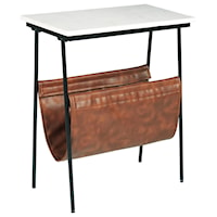 Black Metal Accent Table with White Marble Top and Brown Faux Leather Magazine Holder