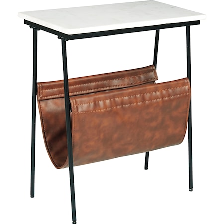 Black Metal Accent Table with White Marble Top and Brown Faux Leather Magazine Holder