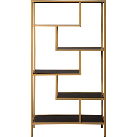 Contemporary Gold Finish Metal Bookcase with Gray Glass Shelves