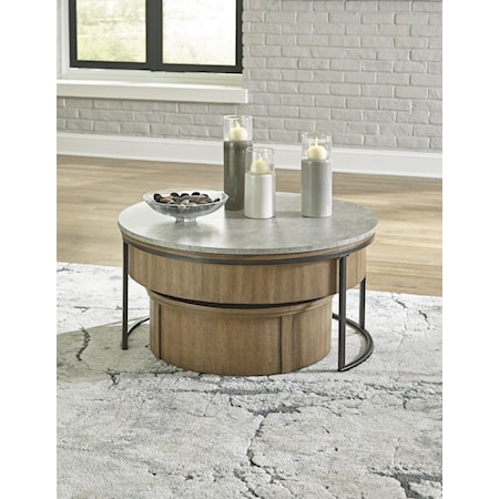 Round Nesting Lift-Top Coffee Table with Rolling Trunk and Round End Table Set