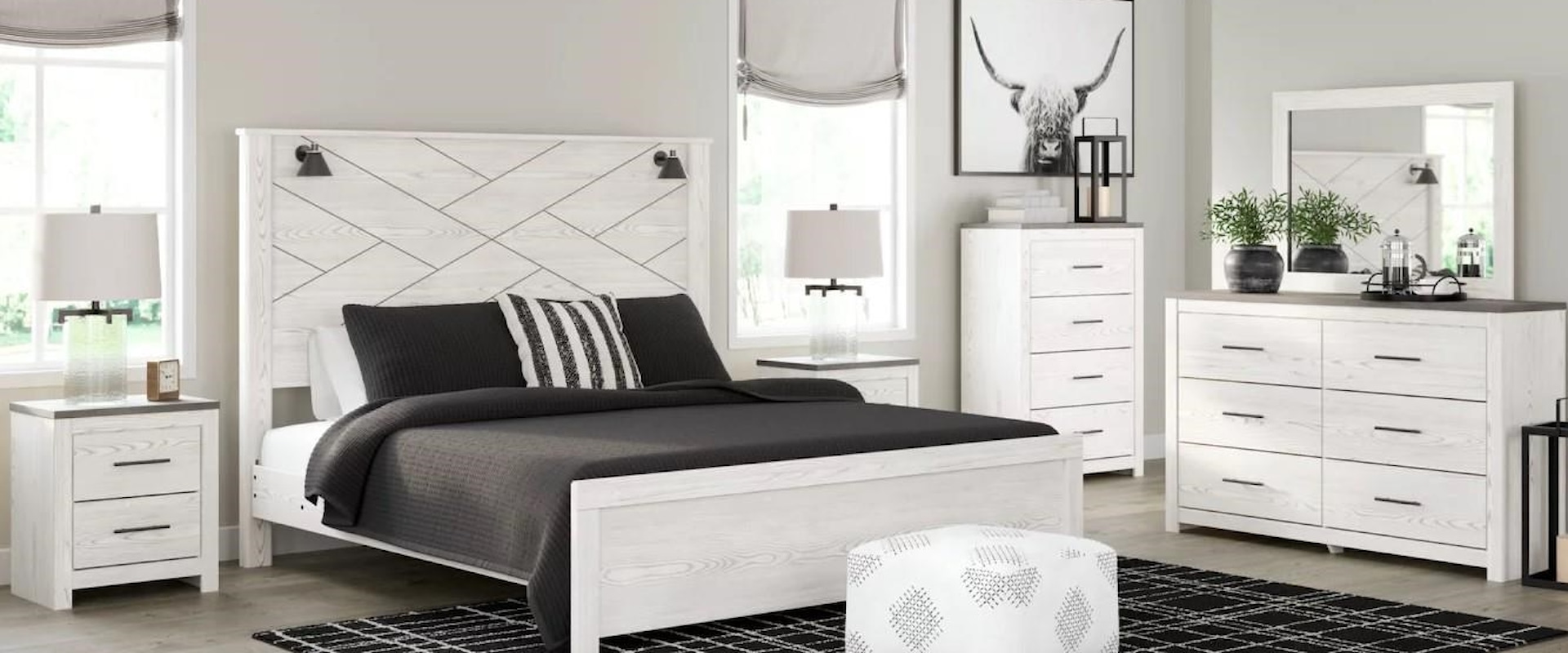 3 Piece King Panel Bed with Headboard Lights, 2 Drawer Nightstand and 4 Drawer Chest Set