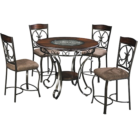 Round Counter Table and 4 Barstool Set with Metal Accents
