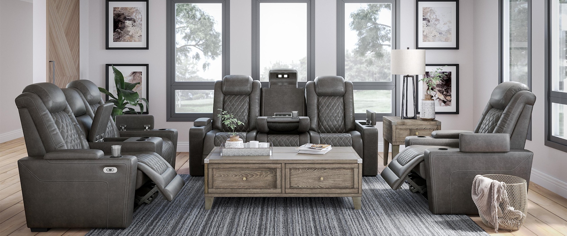 Grey Faux Leather Power Reclining Sofa and Power Recliner Set