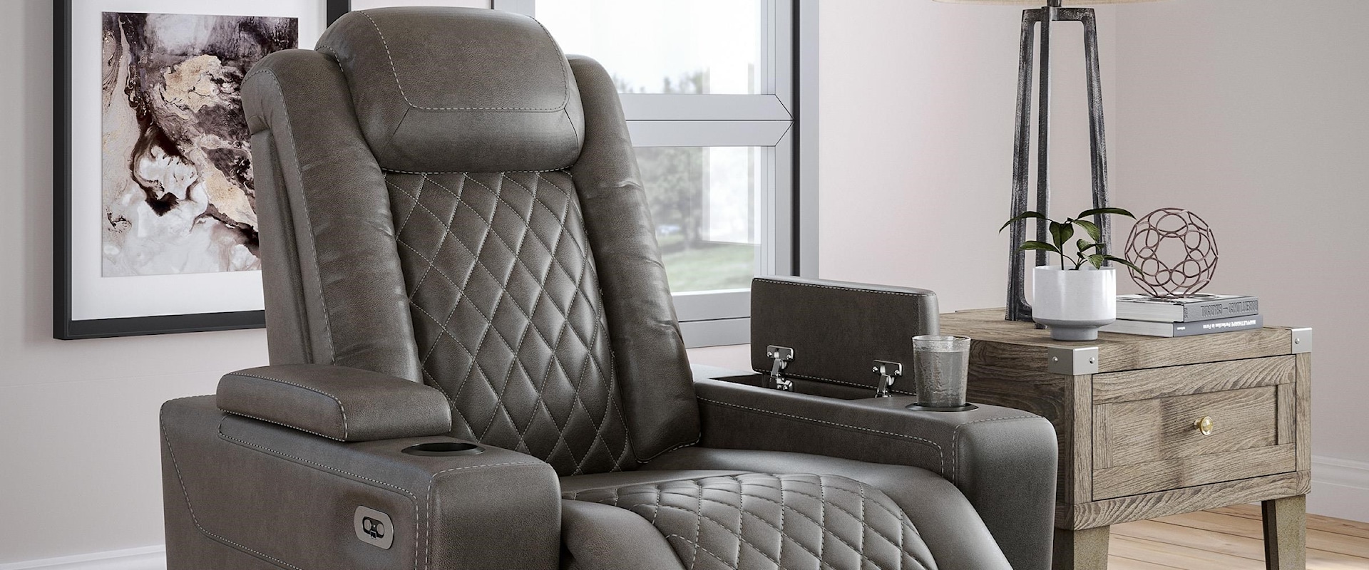 2 Grey Faux Leather Power Recliner Set