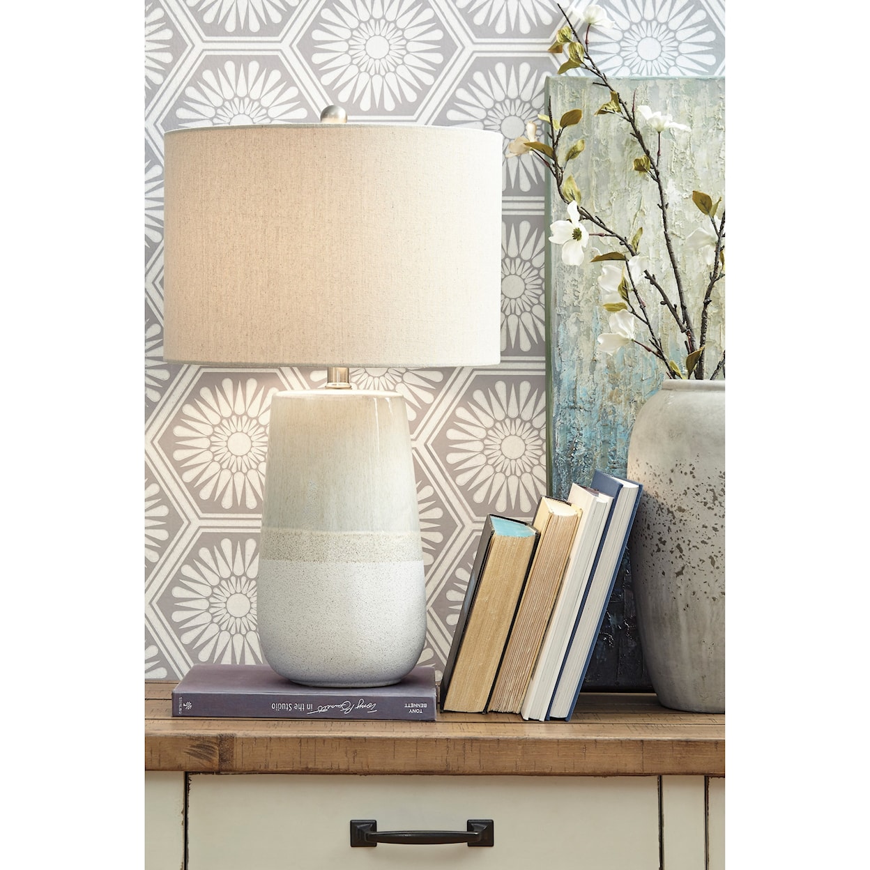 Signature Design by Ashley Lamps - Casual Shavon Beige/White Ceramic Table Lamp