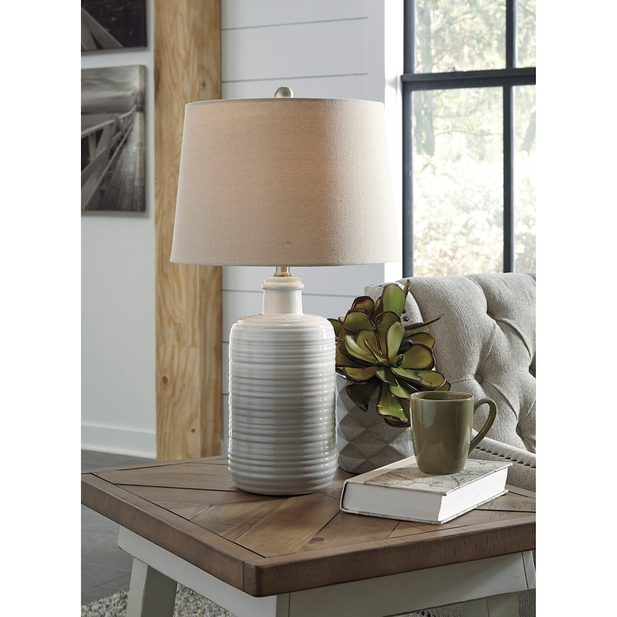 Ashley Furniture Signature Design Lamps - Casual Set of 2 Marnina Taupe Ceramic Table Lamps