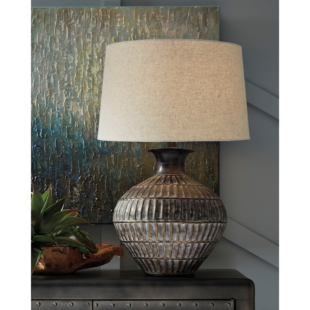 Ashley Furniture Signature Design Lamps - Casual Magan Antique Bronze Finish Metal Table Lamp