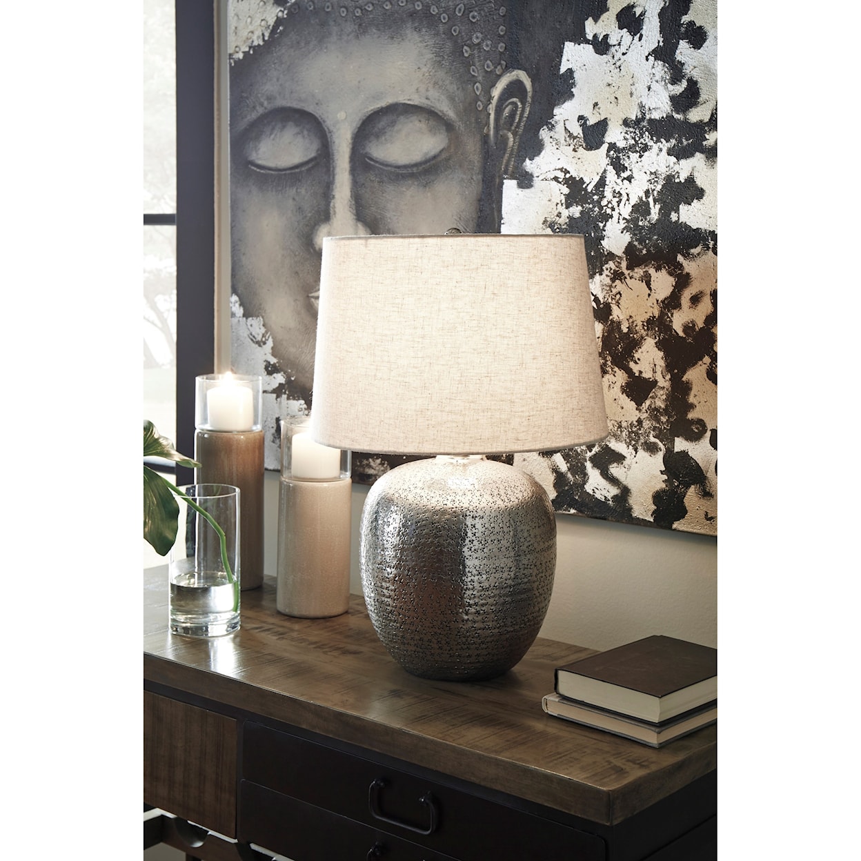 Signature Design by Ashley Lamps - Contemporary Magalie Antique Silver Metal Table Lamp