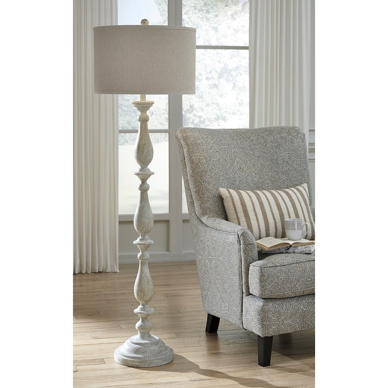 Signature Design by Ashley Lamps - Vintage Style Bernadate Whitewash Floor Lamp