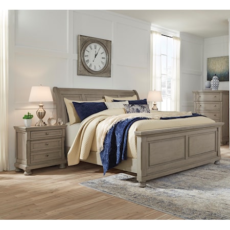 3 Piece Queen Sleigh Bed, 2 Drawer Nightstand and 5 Drawer Chest Set