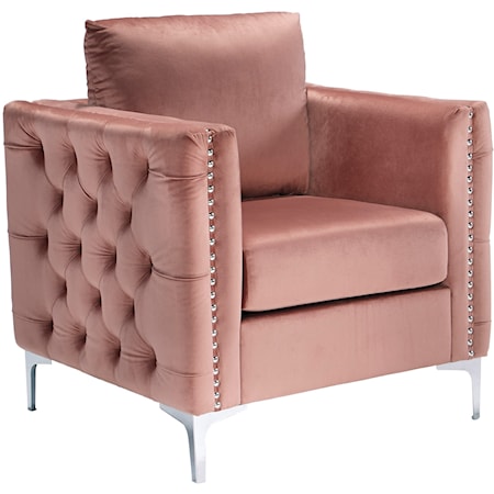 Glam Blush Pink Velvet Accent Chair with Tufted Sides