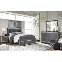 3 Piece Queen Upholstered Bed with 2 Drawer Footboard, 6 Drawer Dresser, Mirror and Nightstand Set