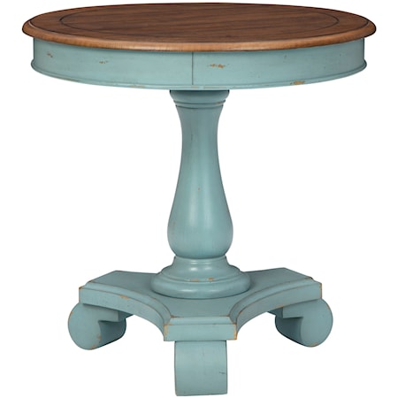 Antique Teal/Brown Round Single Pedestal Accent Table
