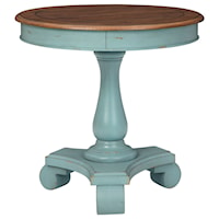 Antique Teal/Brown Round Single Pedestal Accent Table