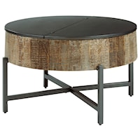 Rustic Round Cocktail Table with Metal Base and Lid Top