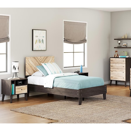 2 Piece Black/Brown Twin Panel Platform Bed, 1 Drawer Nightstand and 4 Drawer Chest Set