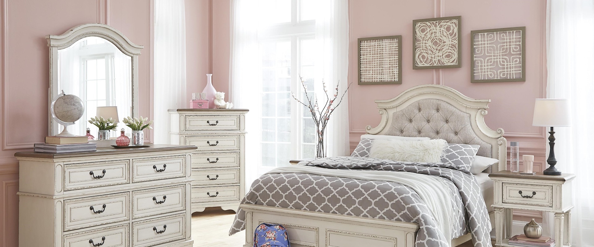 Twin Upholstered Bed, Nightstand and Chest