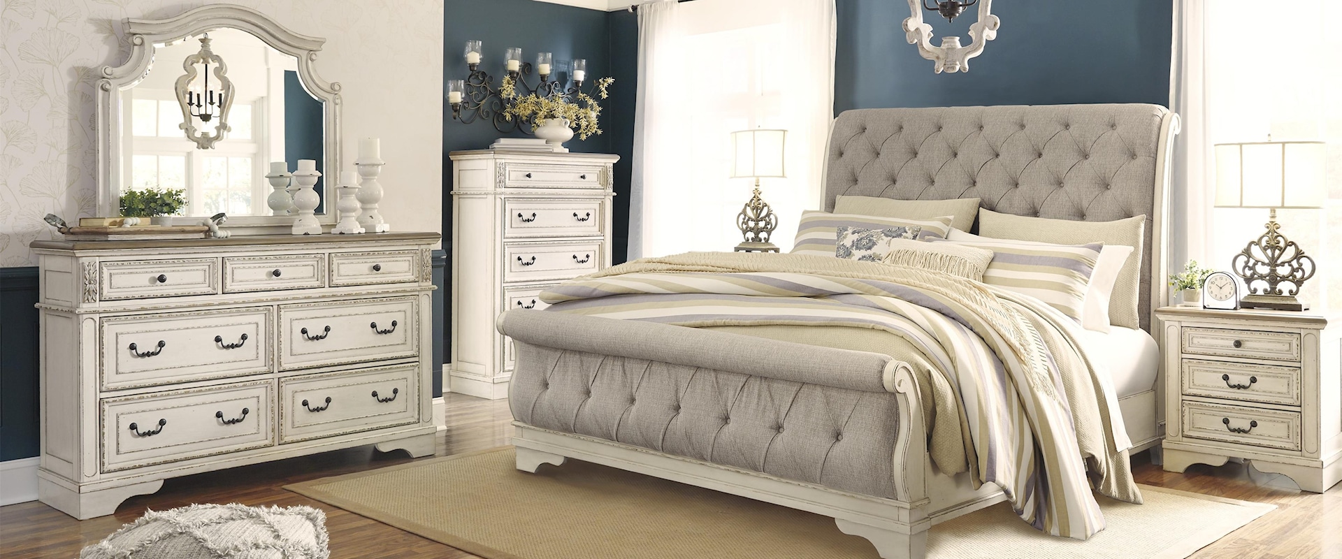 Queen Upholstered Sleigh Bed, Dresser, Mirror, Nightstand and Chest