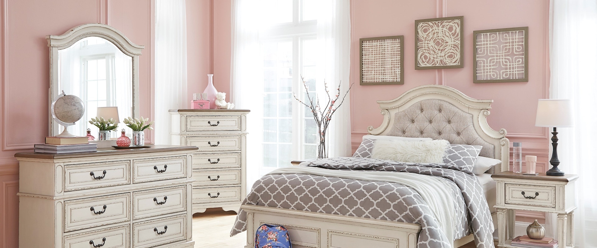5-PC Bedroom Group Includes Full Headboard, Footboard and Rails with Dresser and Mirror