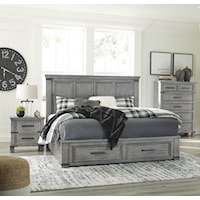 3 Piece King Panel Bed with Footboard Storage, 2 Drawer Nightstand and 5 Drawer Chest Set