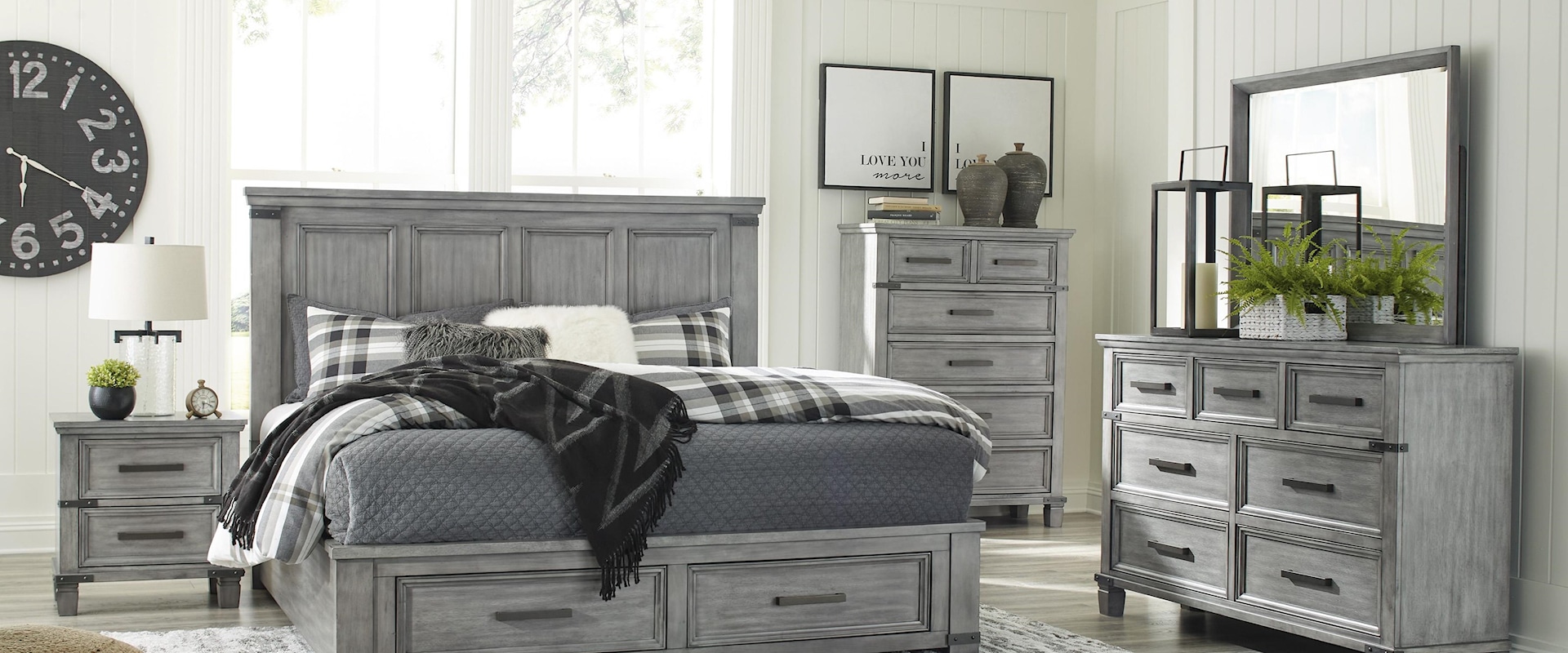 3 Piece Queen Panel Bed with Footboard Storage, 7 Drawer Dresser, and 2 Drawer Nightstand Set