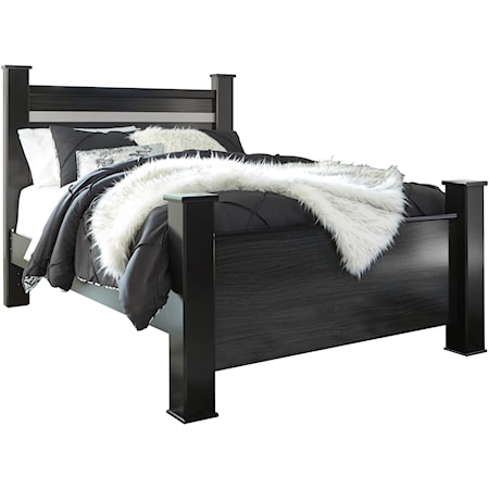 Black Finish Queen Poster Bed with Glitter Accent Panel