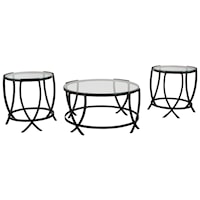 3-Piece Black Metal Occasional Table Set with Glass Tops