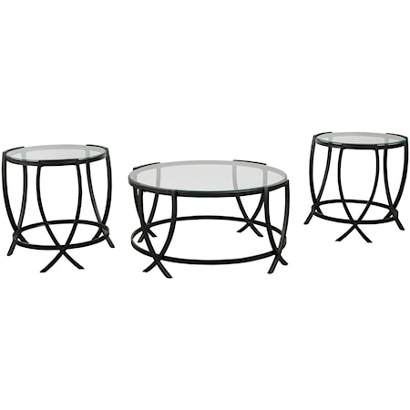 3-Piece Black Metal Occasional Table Set with Glass Tops