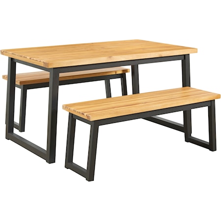 Metal/Acacia Wood Dining Table Set with 2 Benches