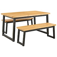 Metal/Acacia Wood Dining Table Set with 2 Benches