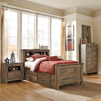 3 Piece Twin Bookcase Bed with Storage, 1 Drawer Nightstand and 5 Drawer Chest Set