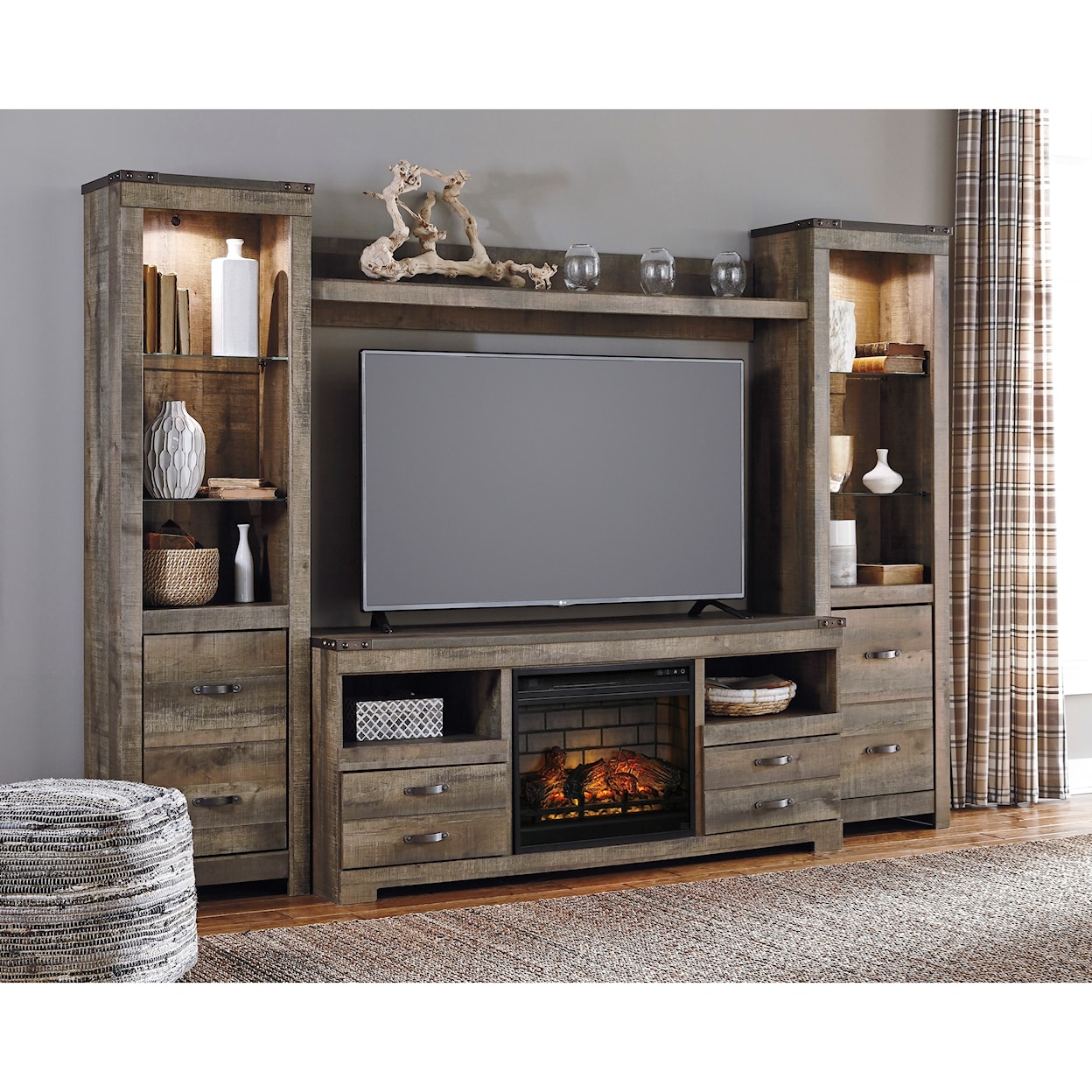 Signature Design by Ashley Trinell Large TV Stand w/ Fireplace, Piers, & Bridge