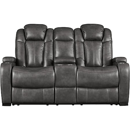 Contemporary Faux Leather Power Reclining Loveseat w/ Console & Power Headrests
