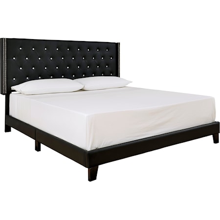 King Upholstered Bed with Black Faux Leather Tufted Wing Back Headboard