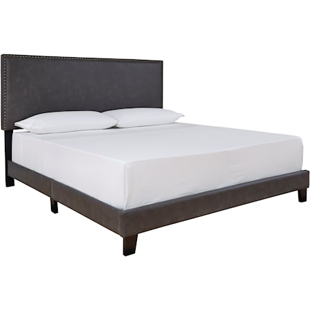 Queen Upholstered Bed in Grayish Brown Faux Leather