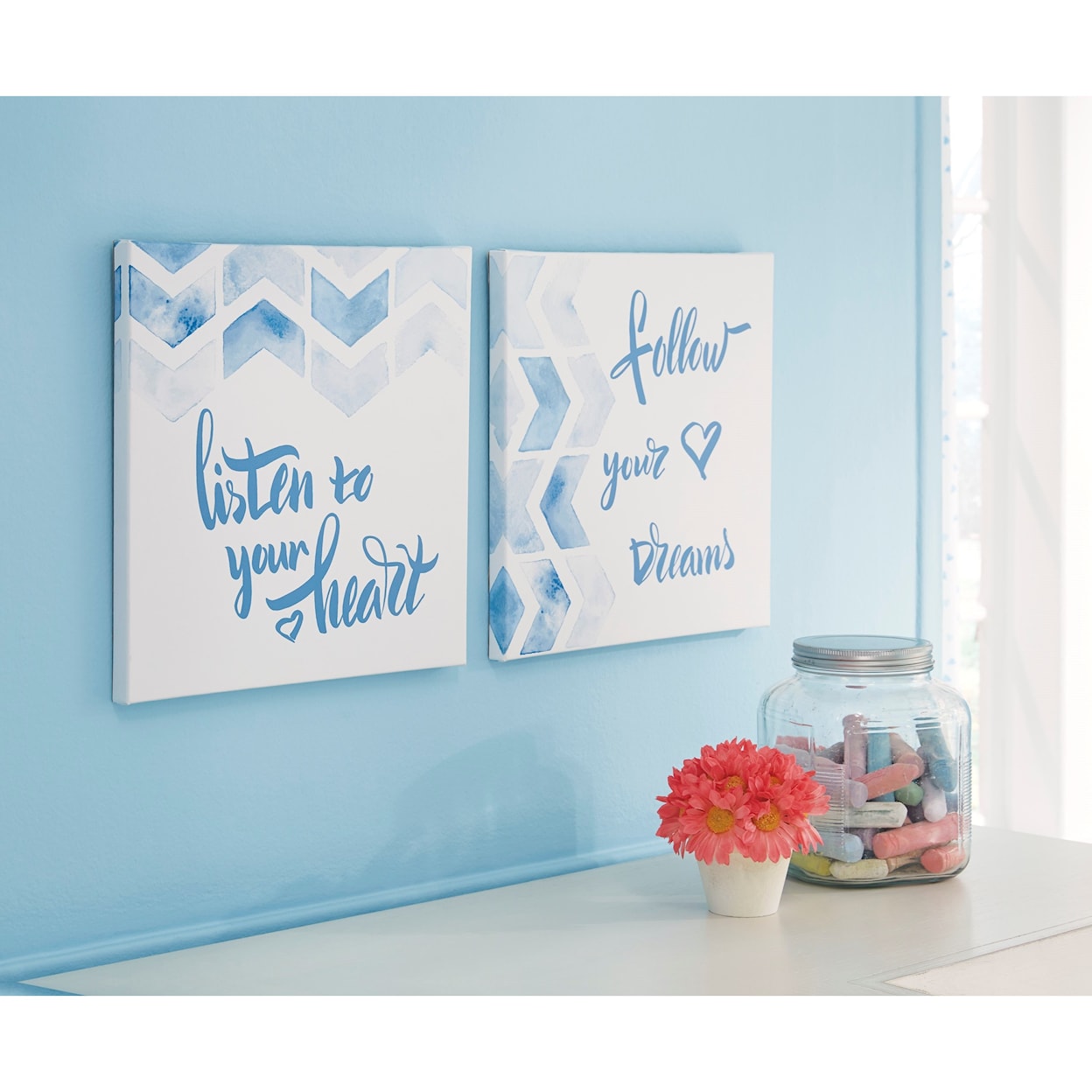 Signature Design by Ashley Wall Art Ellis Teal/White Wall Art Set