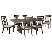 8 PC RECT EXT Dining Room Table, 6 Bent Slat Back Side Chairs and Bench Set