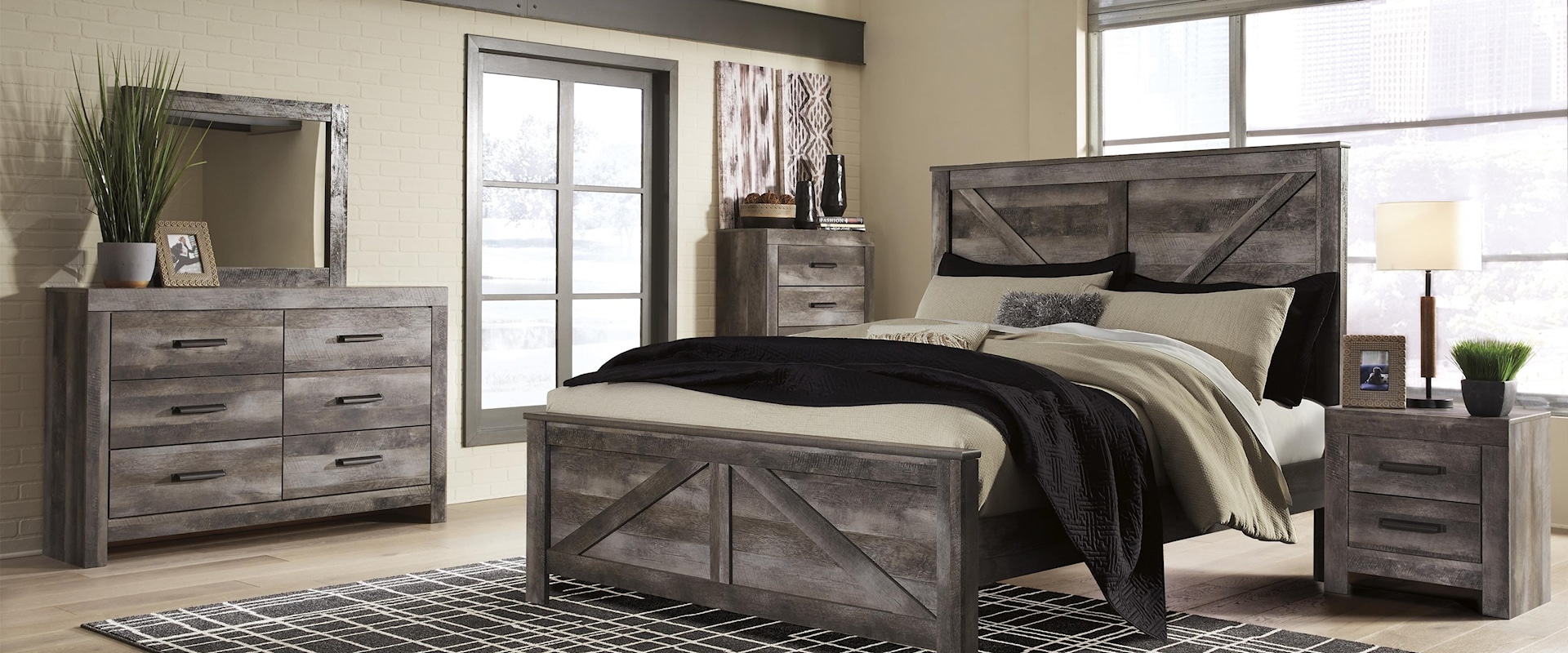 Queen Crossbuck Panel Bed, Dresser, Mirror and Nightstand Package