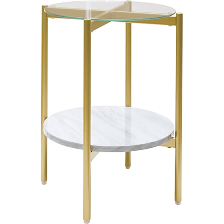 Gold Finish Round End Table with Glass Top and Faux Marble Shelf