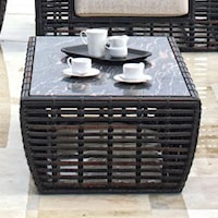 Woven Synthetic Wicker & Aluminum Glass Top Outdoor Coffee Table with Rounded Tapered Side Shaping