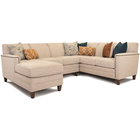 Customizable 3-Piece Chaise Sectional with Art Deco Arms, Tapered Legs and Pullover Back