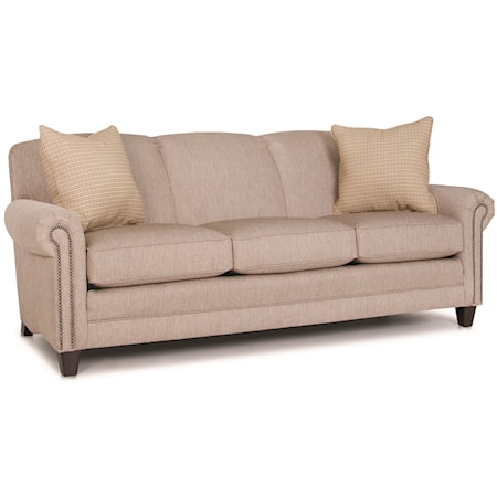 Stationary Sofa with Rolled Arms, Wood Feet, and Nail Head Trim