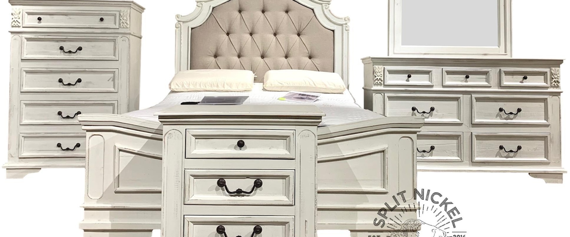 Queen Bedroom Group - Upholstered Bed + Dresser + Mirror + Nightstand + Chest