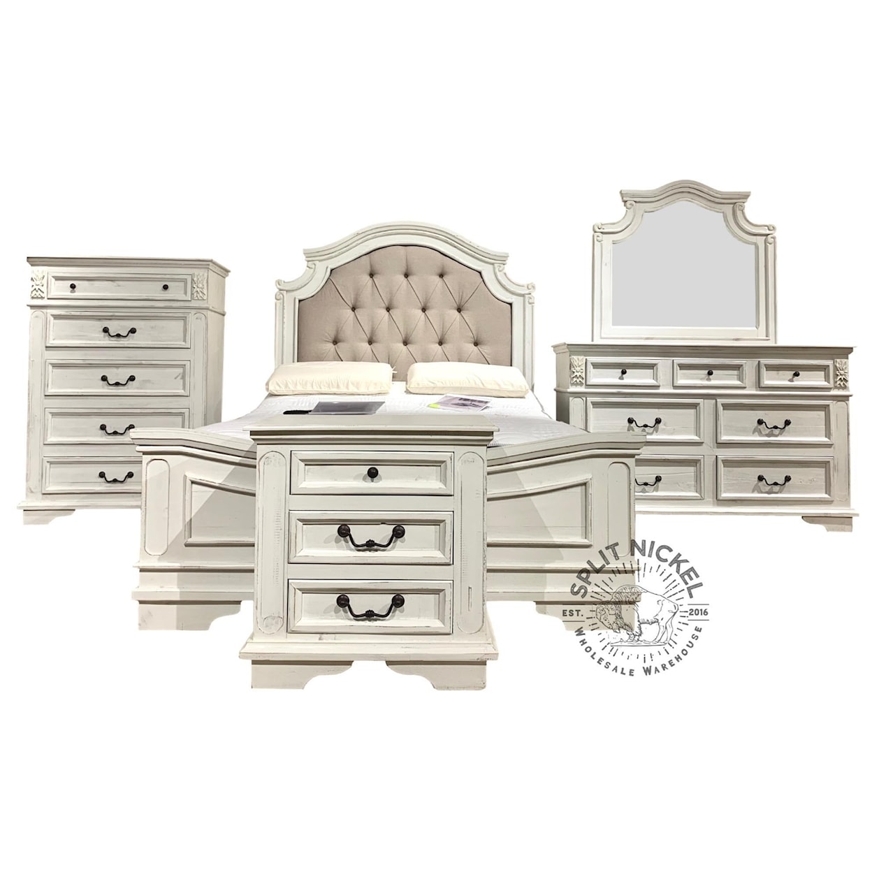 Split Nickel Freedom Queen Upholstered Bedroom Group