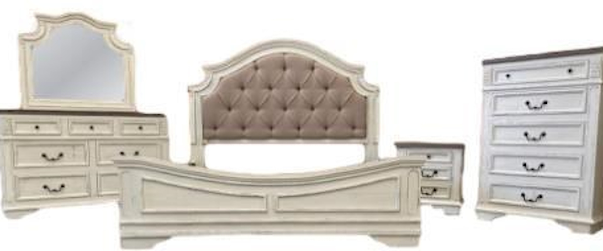 King Bedroom Group - Upholstered Bed + Dresser + Mirror + Nightstand + Chest